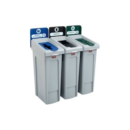 Rubbermaid Commercial Rubbermaid Slim Jim Recycling Station, LandfillMixed RecyclingCompost, 3 23 Gal Cap 2007918